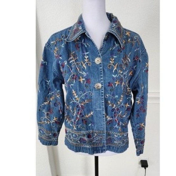 Embroidered Denim Jacket Womens Colorful Floral Jean Jacket - Picture 1 of 11